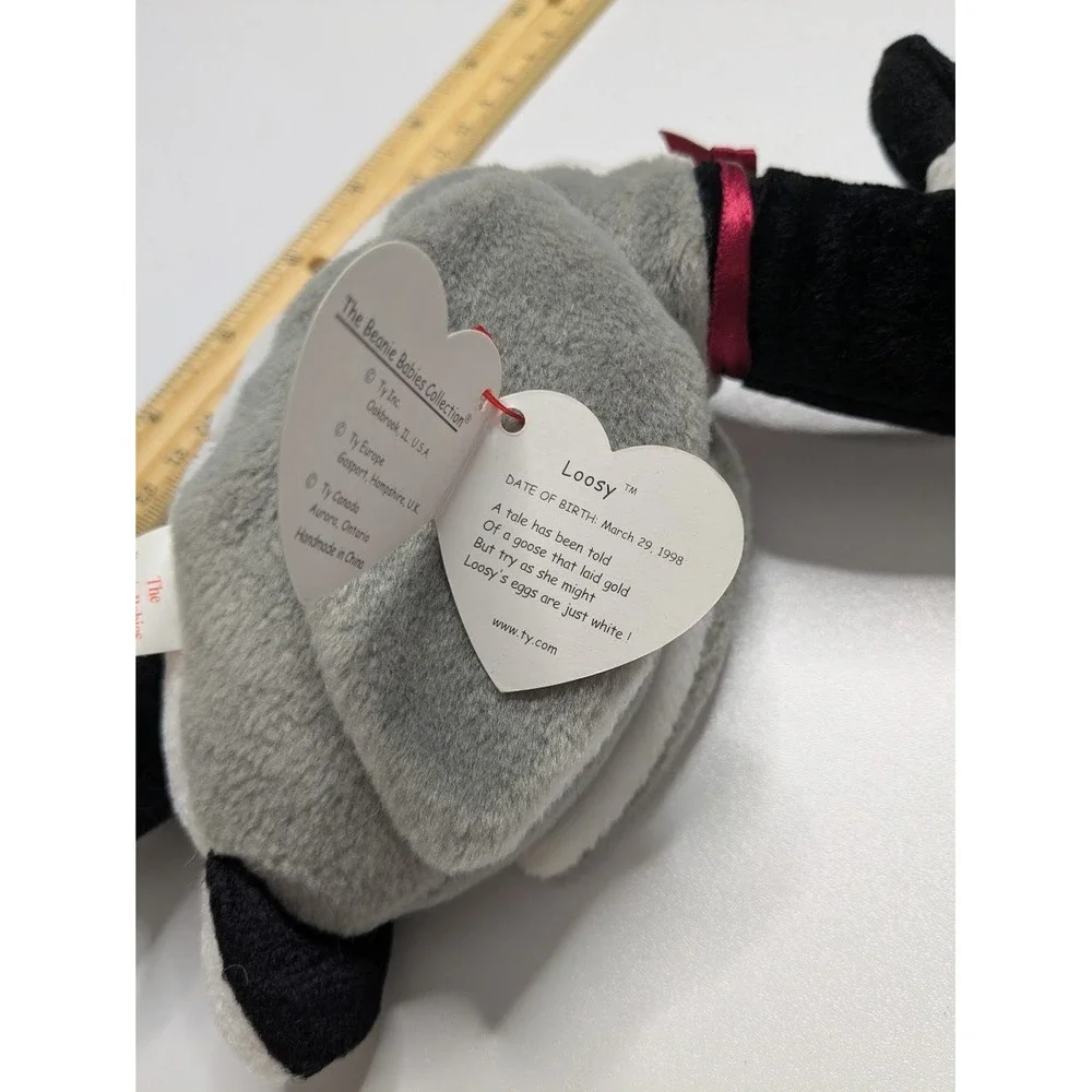 1998 Ty Beanie Babies Canada Goose Loosy Gray Black White Ribbon Plush Small